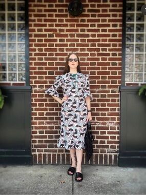 Handmade Cotton Cat Tropical Print Ruffle Trim Dress